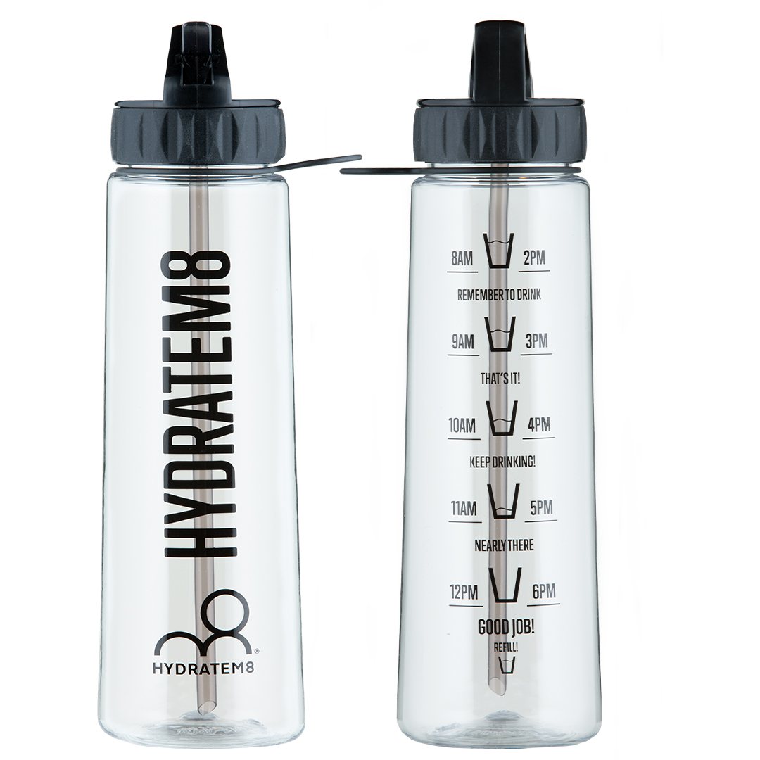 Black Hydration Tracker Water Bottle (original style with straw) 900ml - HydrateM8